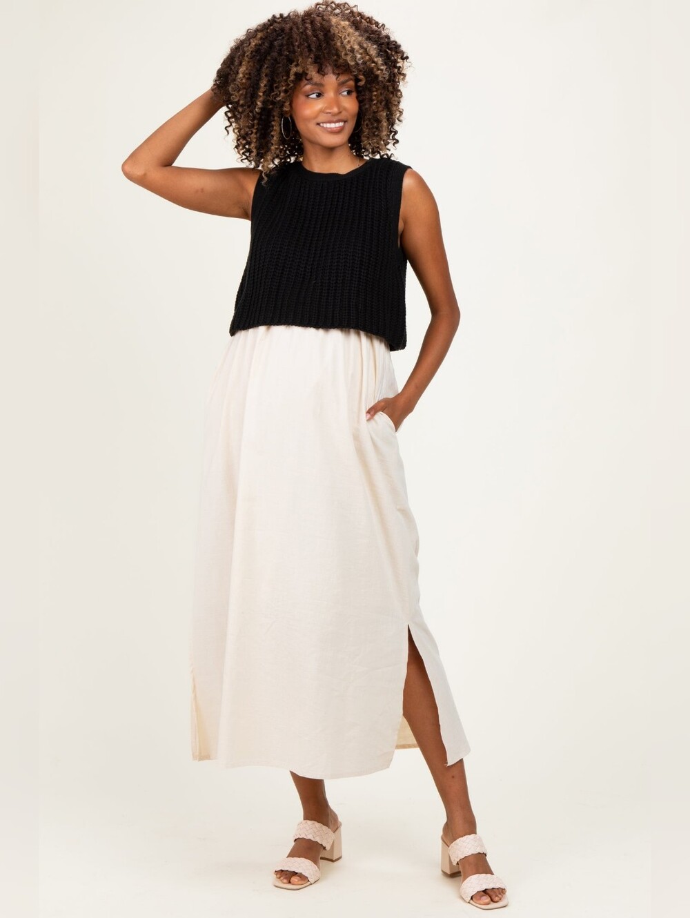 Pinkblush Maternity Dress NWT Black Sleeveless Sweater And Cream Maxi Skirt
